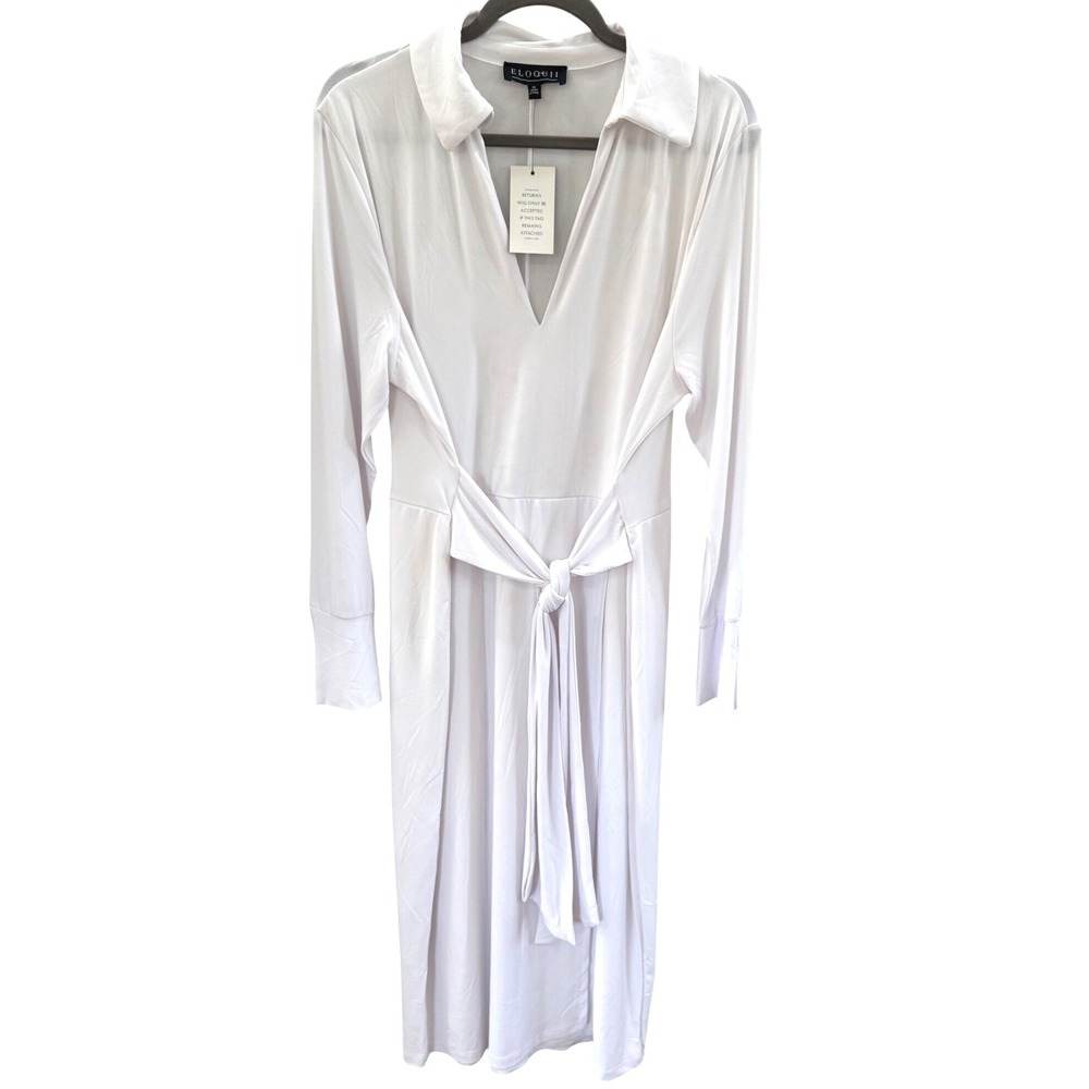 Eloquii White Midi Maxi Dress Plus Sz. 18 Tie Front Collar Stretch NWT Chic